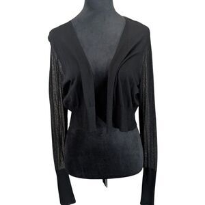 EILEEN FISHER Cropped Cardigan M Sheer Knit Italian Yarn Black Quiet Luxury